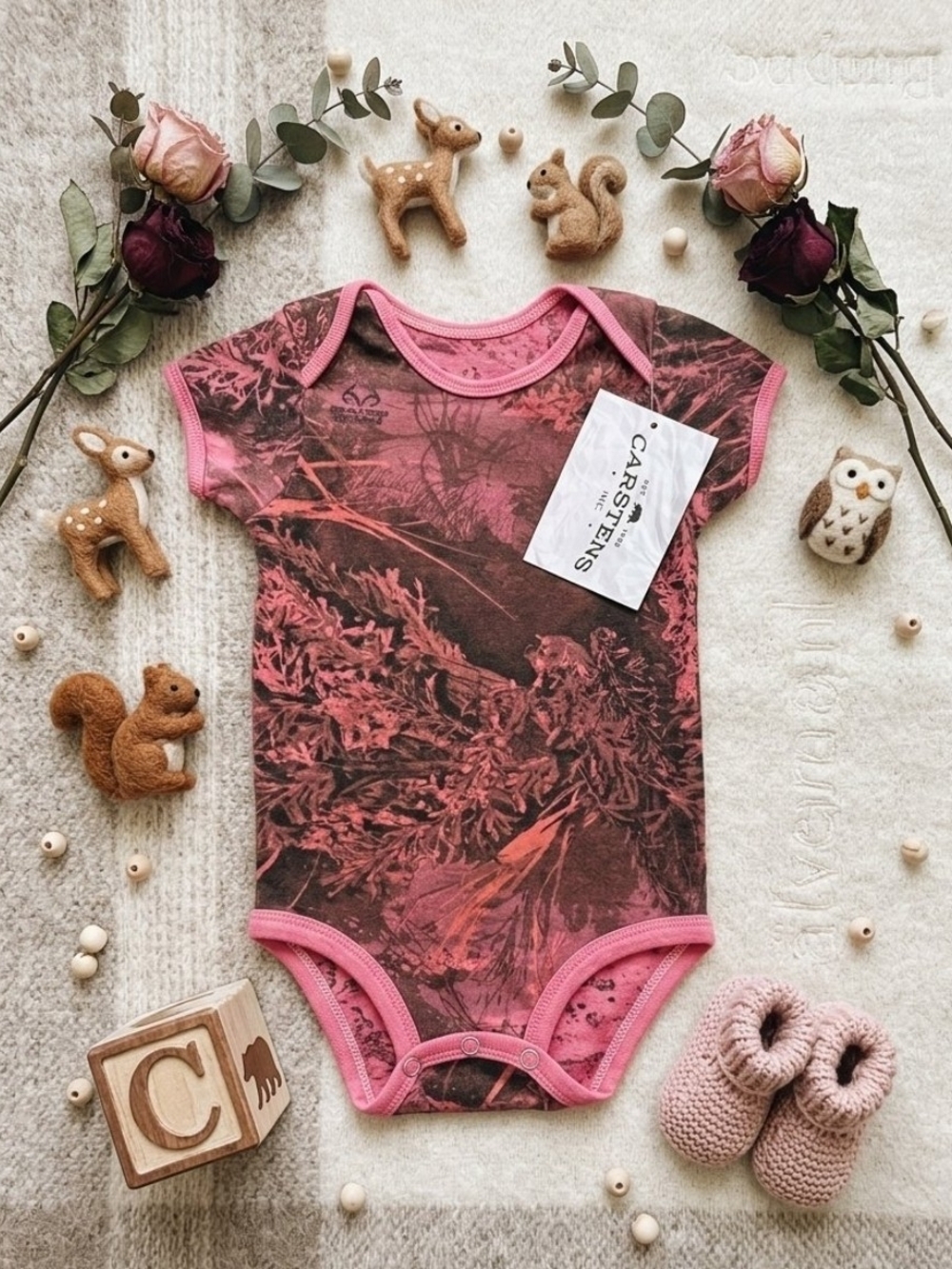 Carstens Pink & Brown Camouflage Baby One-Piece 6-9 Months. New With Tags